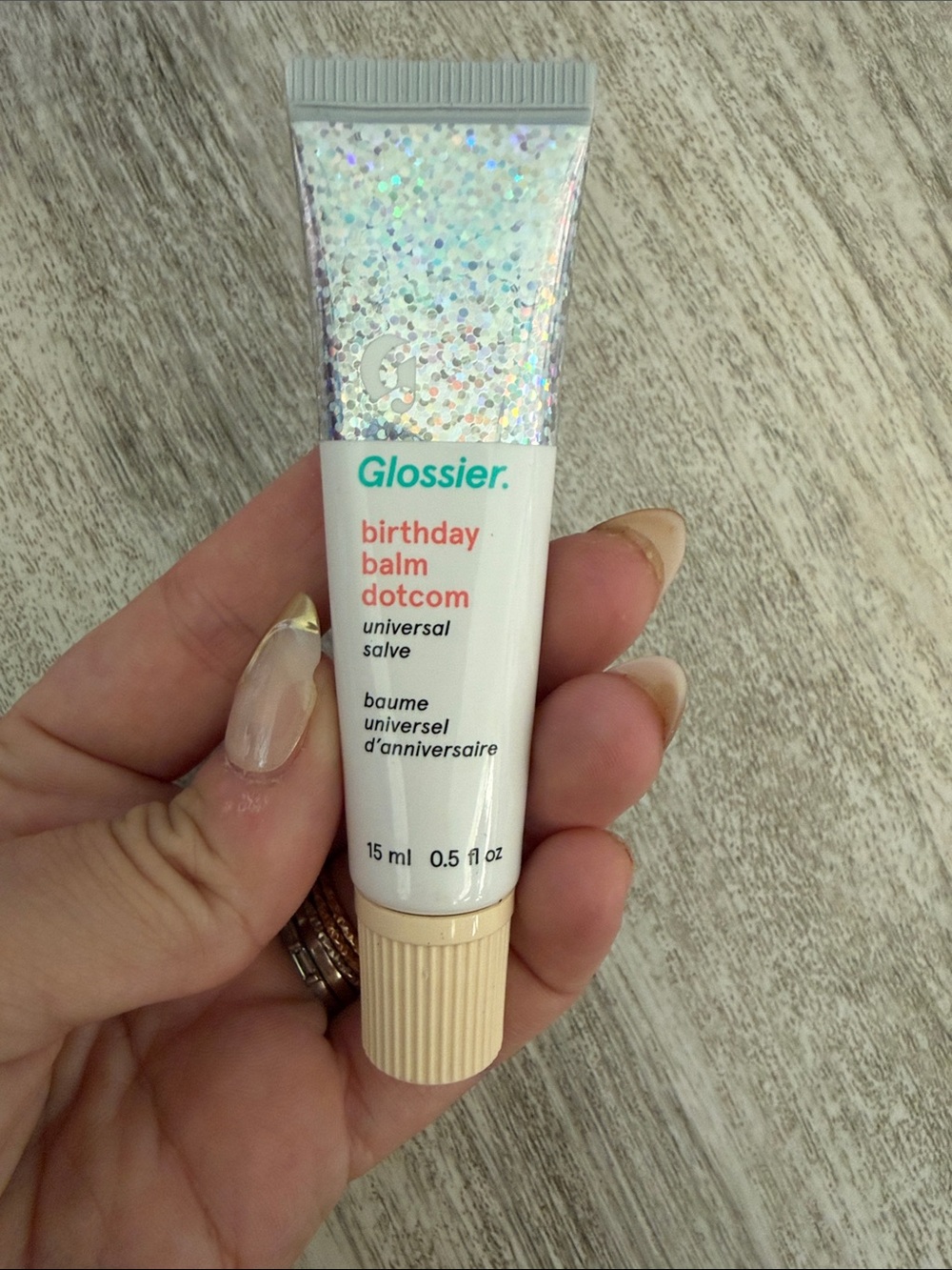 Glossier Birthday Balm Dotcom - White Tube with Iridescent Cap and Beige Tip